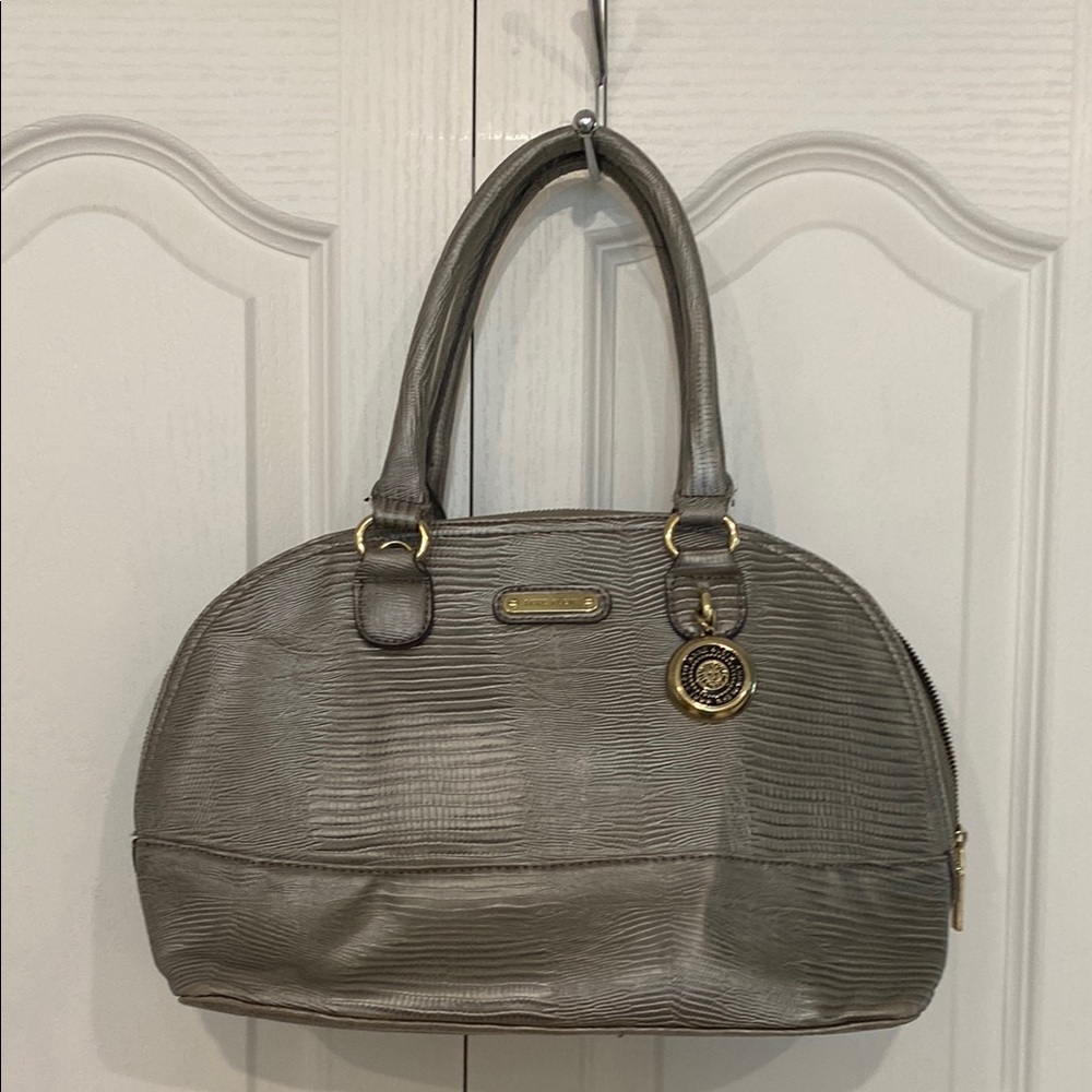 Ann Klein Silver Metallic Satchel with Textured Leather and Double Handles